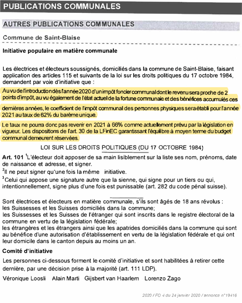 Une initiative populaire communale pour une fiscalité plus équitable est lancée par des membres de L’Entente